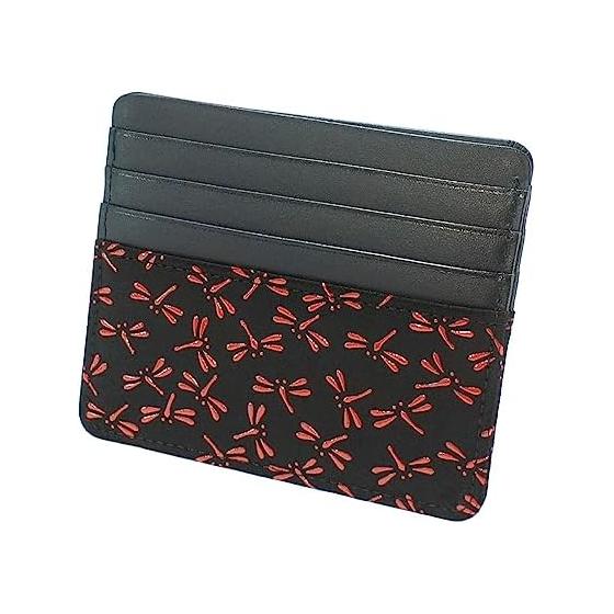 Inden Card Case Slim Thin Deer Leather Black x Red Dragonfly Pattern 2530-21-008 Made in Japan