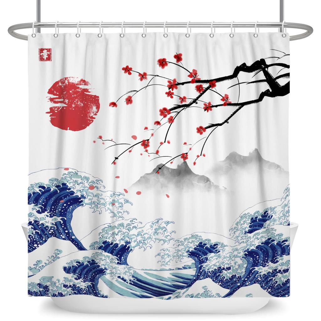 Japanese Style Wave Shower Curtain Ukiyo E Art Cherry Blossom Print Waterproof Bath Curtain Bathroom Decor Polyester With Hooks