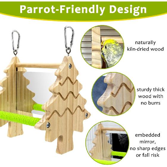 Bird Mirror Toy Perch, 2-Sided Hd Parakeet Mirrors & 2 Cotton-Wrapped Perches for Multiple Birds, Wooden Frame Hanging Parrot Swing for Cage, Safe No