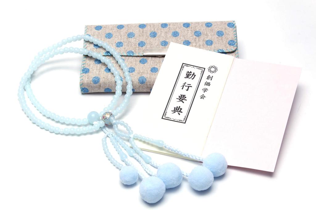 Soka Gakkai Gebetsketten, Geschenk für neue Mitglieder, 3-teiliges Set für Frauen, hellblaue Kirschblütenmuster-Gebetsketten, gepunktete blaue Gebetsketten-Hülle