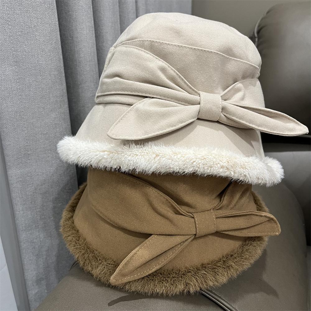 Bucket Hat Women's Autumn and Winter Versatile Casual Playful Bow Cute Basin Hat Thin Rough Edge Thermal Hat