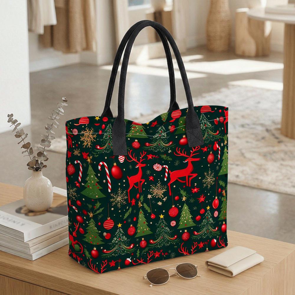 Christmas Elk Print Canvas Tote Bag Portable Casual Shopping Handbag for Holiday