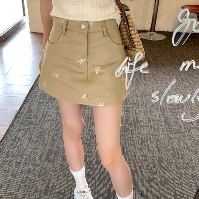 Sweet Bow Embroidered Denim Skirt Skirt Women Summer High Waist A-line Hip Short Skirt