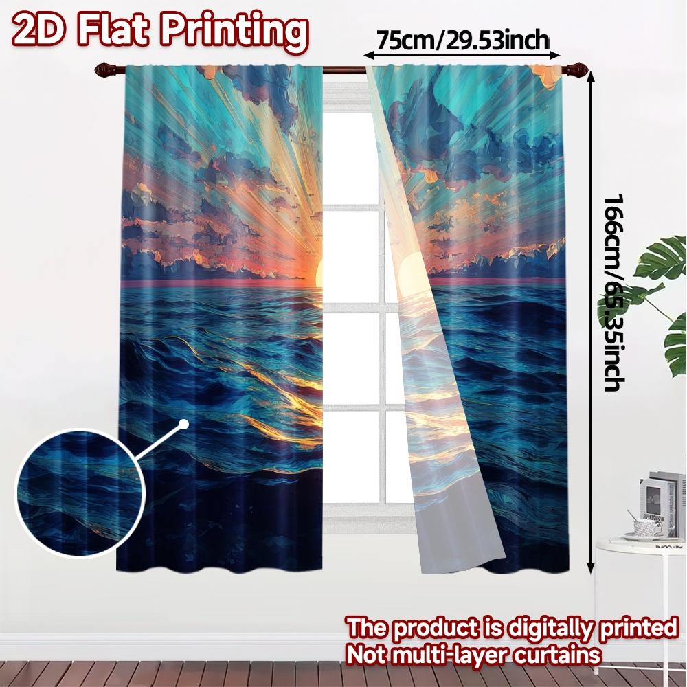 2pcs   2D FLAT PRINTING Curtains (Without Rod) Sunset Waves Pattern Popular Curtains Versatile Fabric Curtains Room Decor