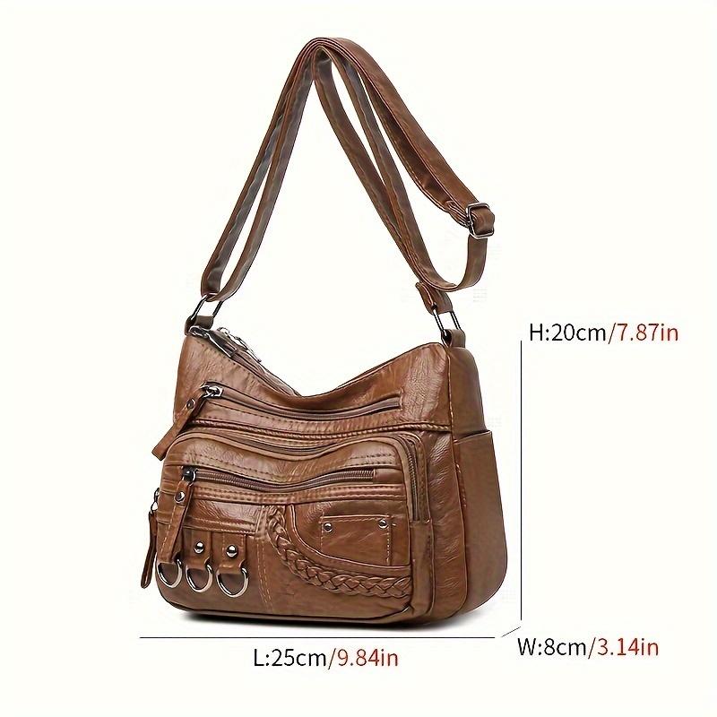 Women'S Large Capacity Soft Leather Shoulder Bag Casual Crossbody Purse With Random Floral Embellishments Multiple Pockets Braided Accents