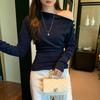 This High-end Button Slanted Shoulder Long-sleeved T-shirt Women's New Early Autumn Chic Off-shoulder Top