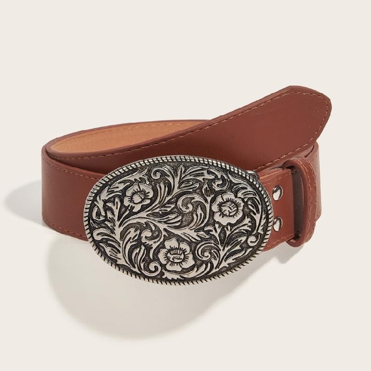 Wear Resistant Adult Waist Belts with Carved Buckle Female Decorative PU Belts