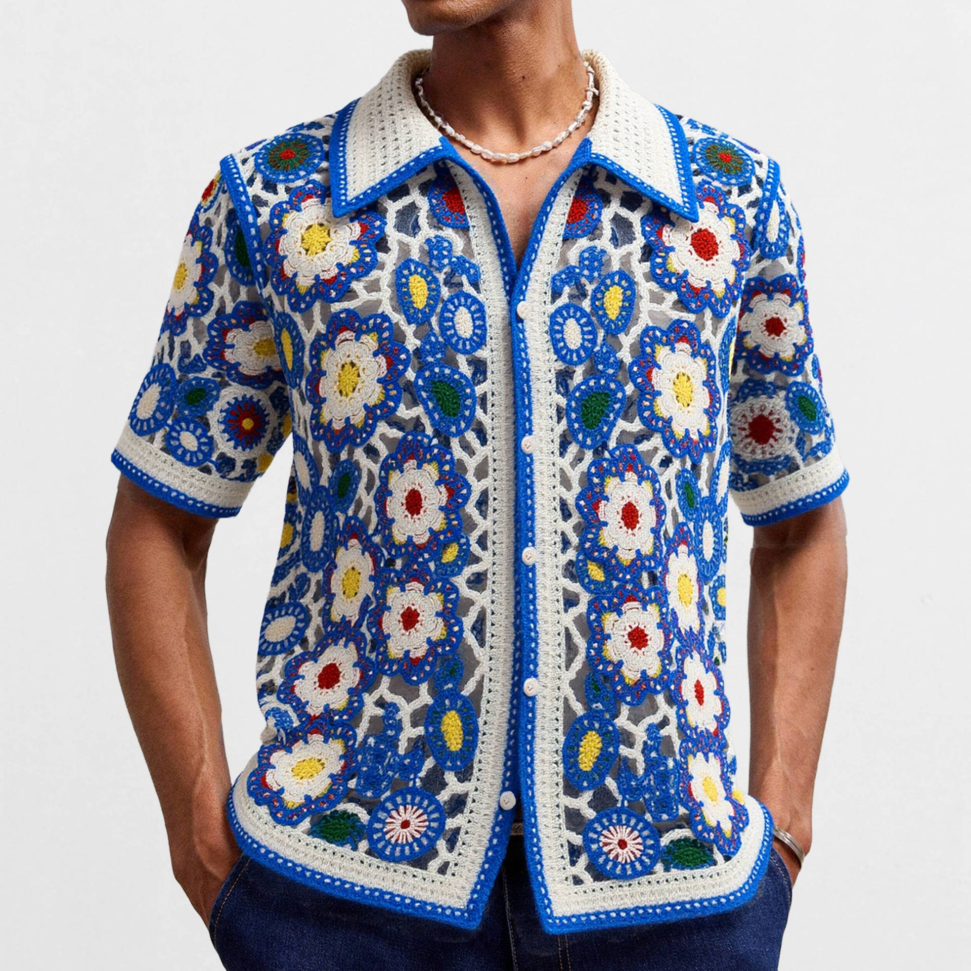 

Blue Crochet Short Sleeve Shirt with Colorful Floral Pattern, White Trim, Boho Chic Blouse M синий