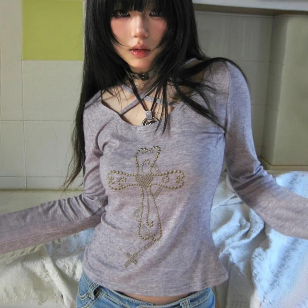 

VAYLA Japanese Y2k Knitted Tops Grunge Aesthetics Flare Sleeve T-shirts Vintage Harajuku Purple Knitwear American Retro 2000s S