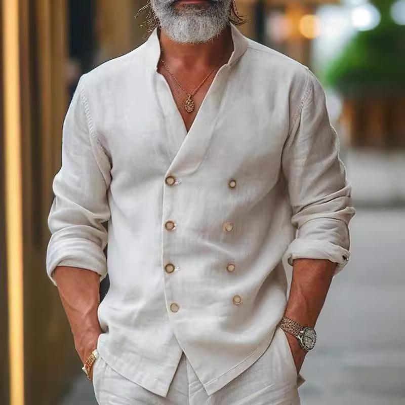 Herren Übergröße Doppelreihiges Baumwoll-Leinenhemd mit Stehkragen – Langarm Strickjacke Mantel für Casual-Mode