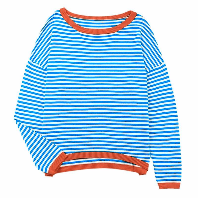 2025 Striped Contrast Knit Sweater: European & American Style, Drop Shoulder Long Sleeve