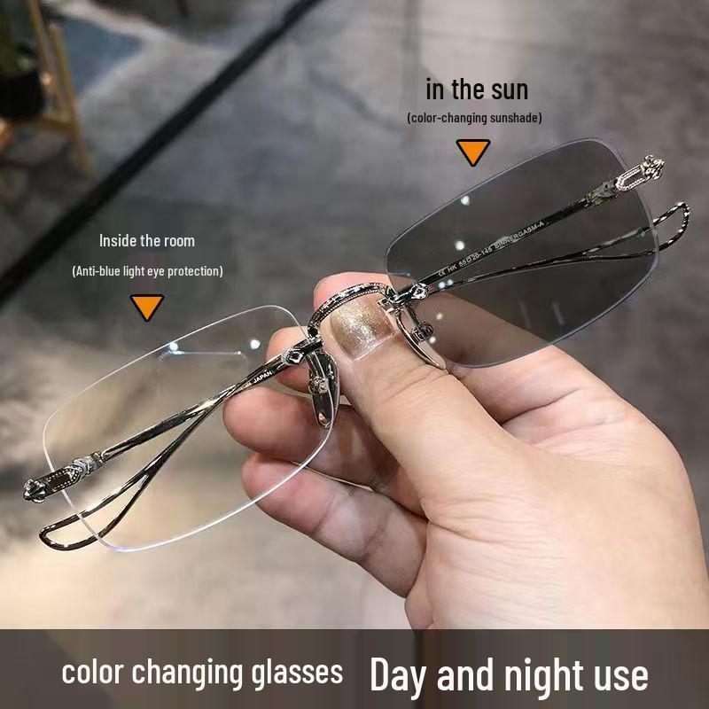 Unisex Rimless Photochromic Glasses: Anti-Blue Light, Plano Lenses, High-Definition Eye Protection for Middle-Aged & Elderly Readers.