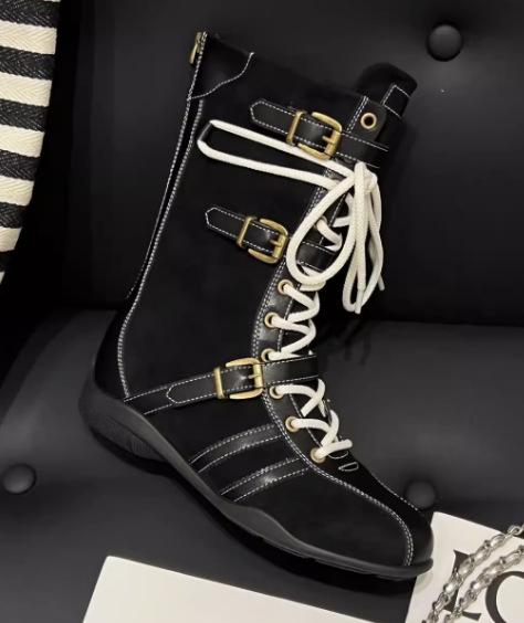 

Yueyu cowhide version~ 5cm inner height increase thick-soled boxing boots women s upgraded version duck hunting boots belt buckle design Martin boots 40 чёрный