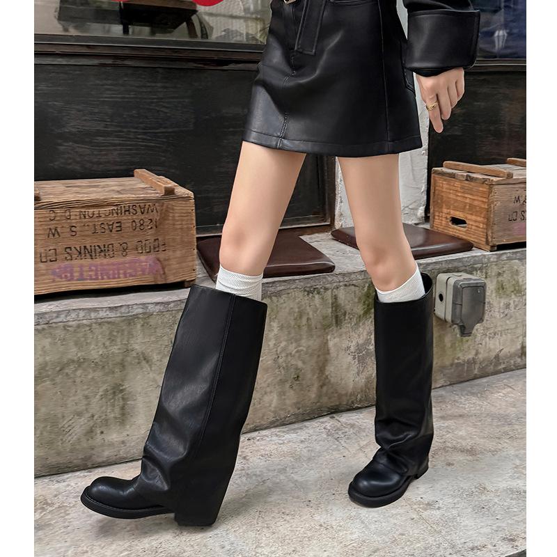 Cowhide Version Retro Platform High Tube Leather Boots Fat Mm Big Tube Circumference Round Head Thick Heel Trouser Tube Boots Women's Western Boots