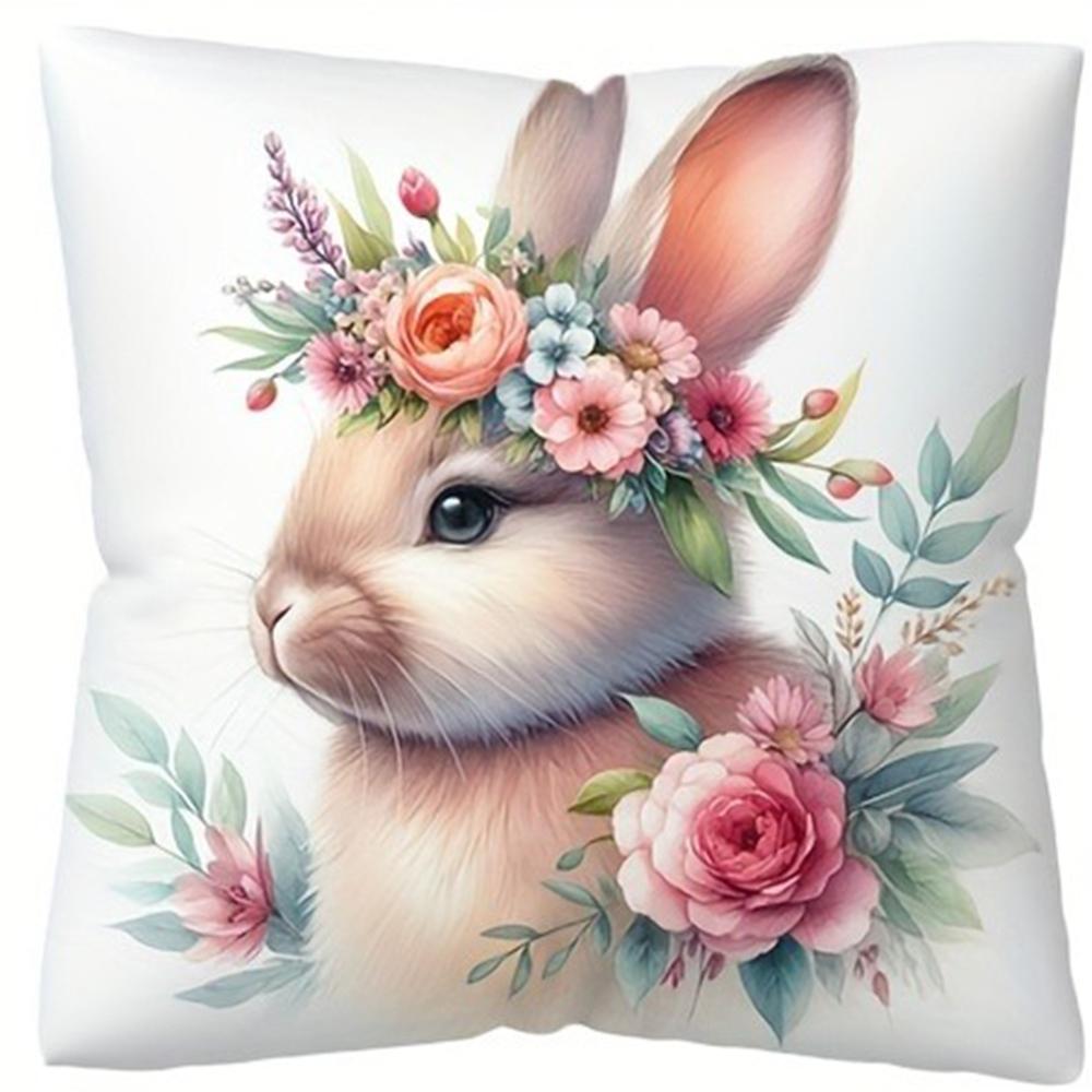 Easter Decoration Pillow Cover Home Farmhouse Decoration Gift Rabbit Flower Print Pillowcase Sofa Cushion Cover Short Plush Mate
