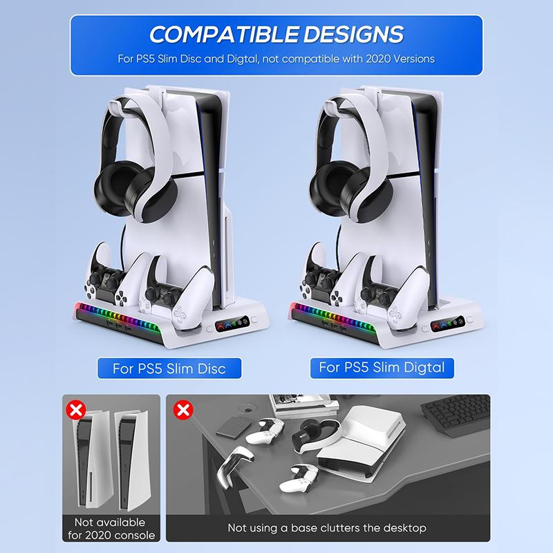 Charging Stand for NEW PS5 Slim Cooling Fan Station for DualSense/Edge Controller with RGB Light Headset Hook 3 USB Hubs