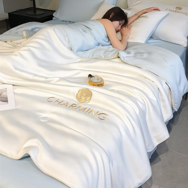 A-Class Water Washable Ice Silk Summer Cool Quilt Set, Summer Air Conditioning Embroidered Quilt, Heavenly Silk Summer Blanket