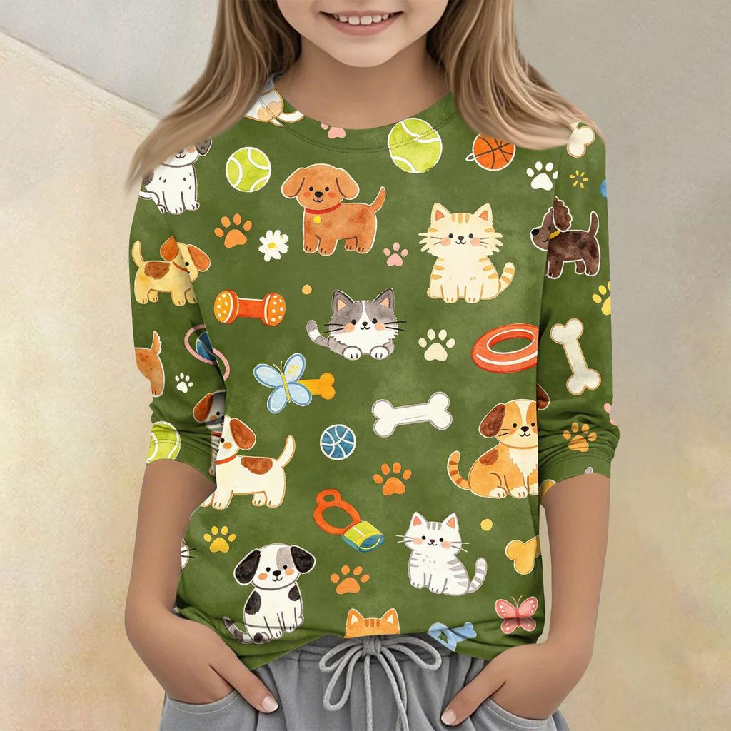 Kids Animal Print Crew Neck Three Quarter Sleeve Casual T Shirt Soft Fabric Comfortable Fit Lightweight Design for Everyday Wear