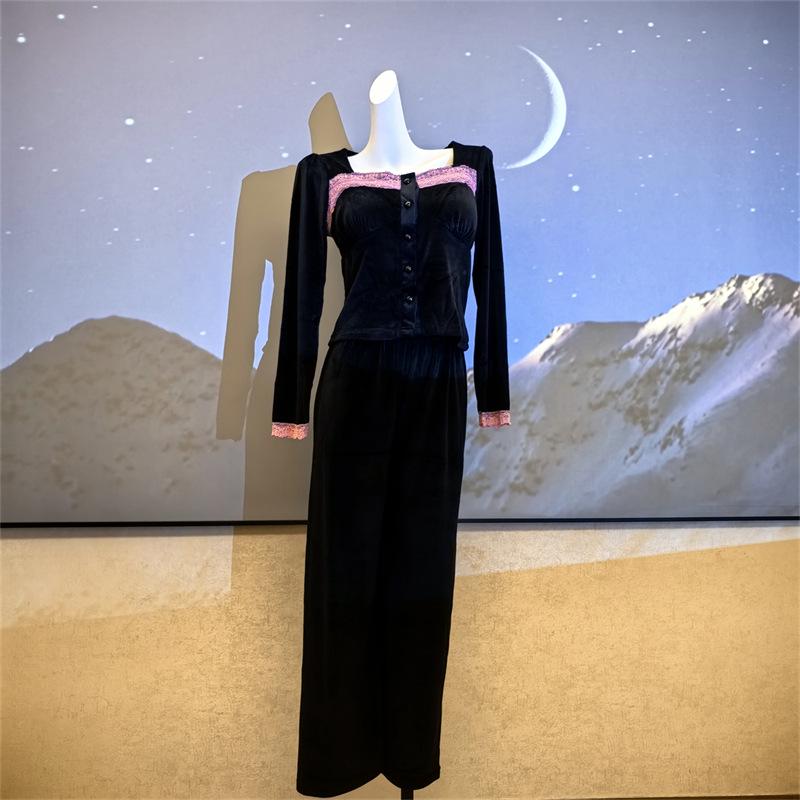 Sea Island Baumwolle Damen Pyjama Set - Herbst/Winter Französischer Stil mit Brustpolster, Dünner Fleece Hausbekleidung