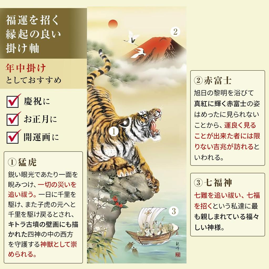 Hängendes Glücksbild für Neuanfang mit dem Tierkreis und den Sieben Glücksgöttern von Yamamura 3 shaku als Rolle, Jahr, "Tigerglück,"