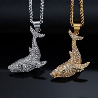HIP Hop Design of Men's and Women's Fashion Gold Color Stainless Steel High Quality Whale with Rhinestone Pendant Necklace