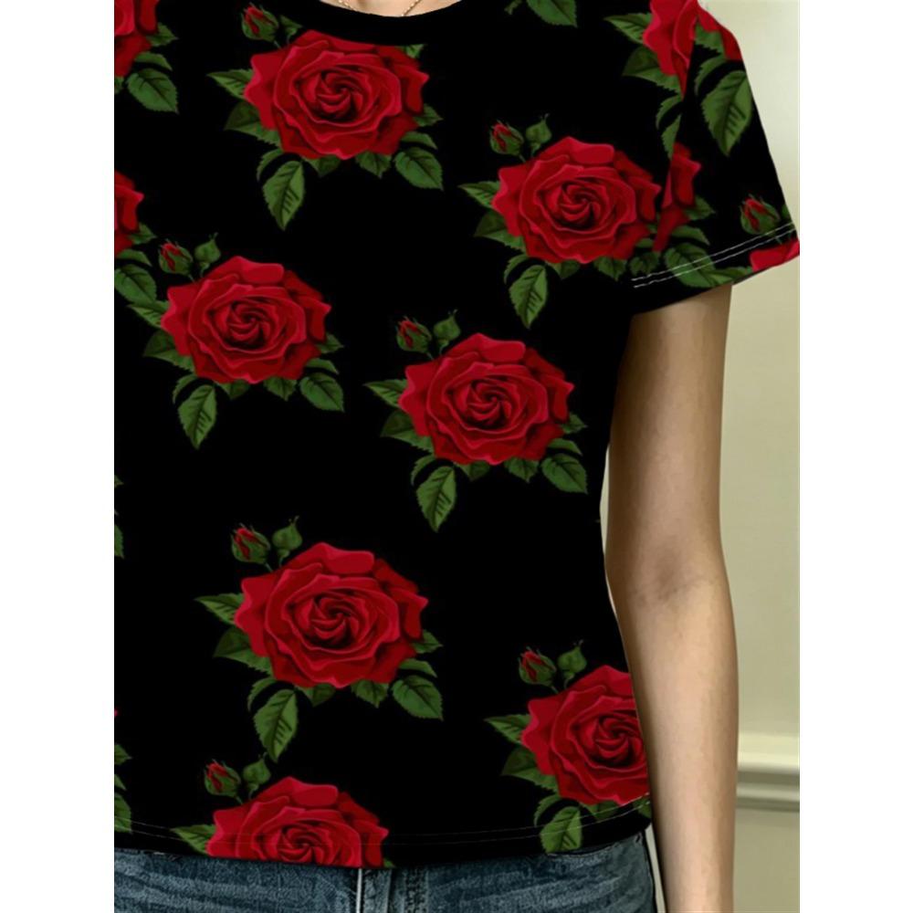 Women's T-shirt with Red Rose Full Print Retro Romantic Round Neck Top