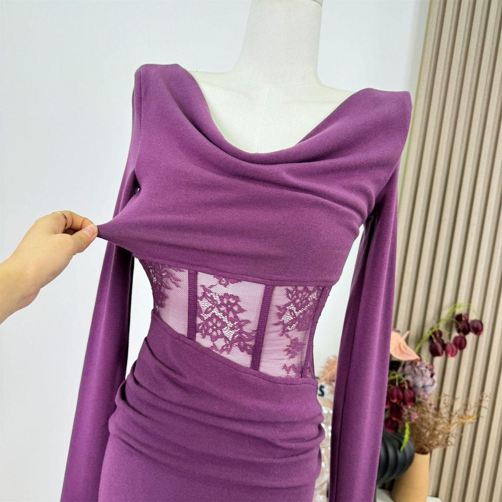 Lace-Spliced Purple Long-Sleeve Fishtail Dress - Pure Desire Style for Spring and Autumn