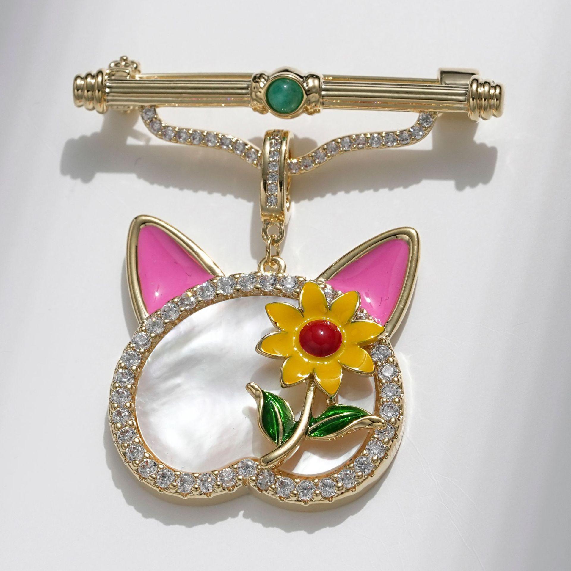 Bo Xin Yun Chinese Daisy Shell Cat Brooch Pin - Exquisite Versatile Suit Accessory
