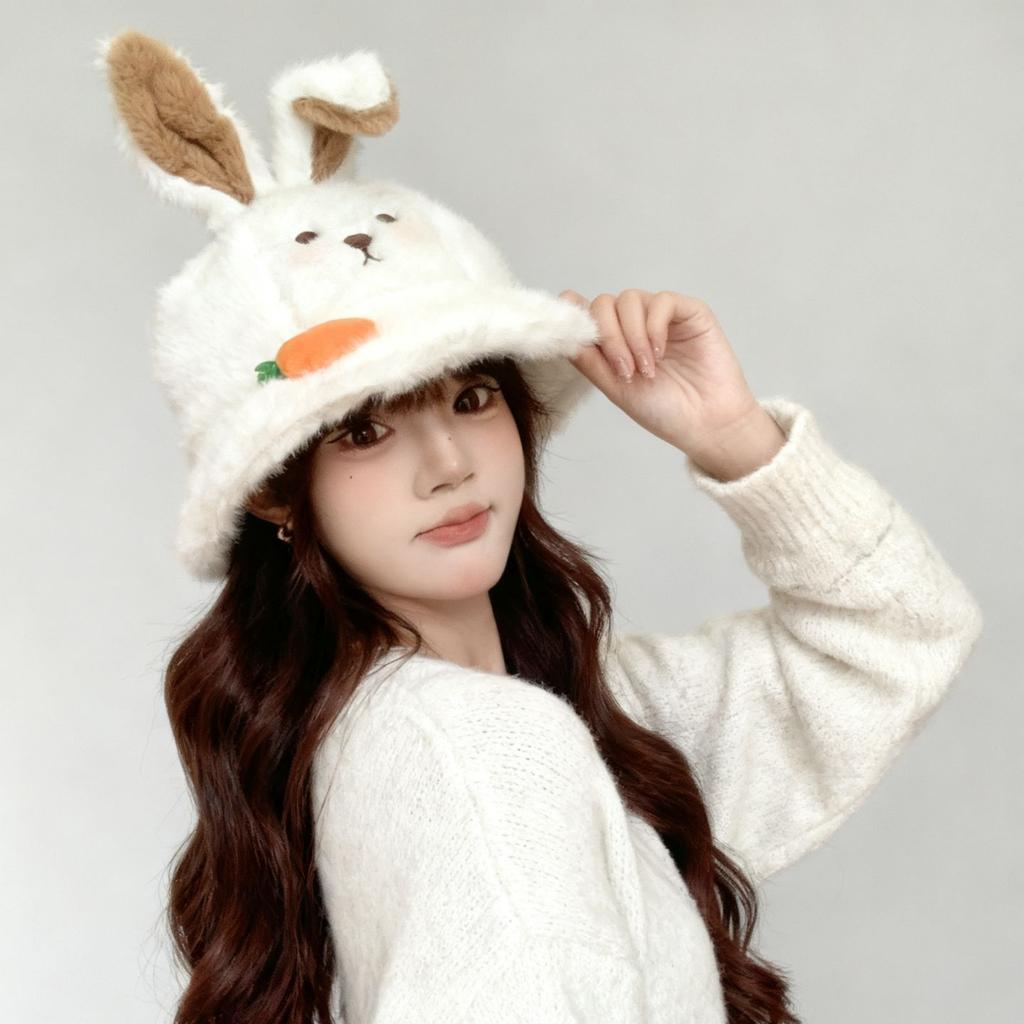 Rabbit ears plush hat women's autumn and winter warm big head circumference bucket hat cartoon college wind washbasin hat