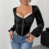 Women's See Through Mesh Splicing Lace Spice Girl Fishbone High Grade Long Sleeved Blouse
