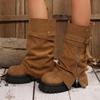 Spring Autumn New Round Toe Mid-Calf Boots Chunky Platform Buckle Strap Retro Western Plus Size Chunky Heels Women's Booties