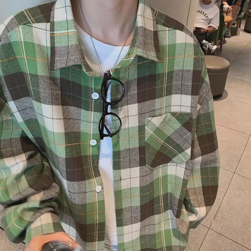 Unisex Retro Green Plaid Jacket - Spring & Autumn 2023, Loose Fit, Long-Sleeved, Non-Iron