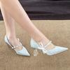 2025 Temperament Celebrity Wedding Dress Two Wear Wedding Shoes French Beautiful Silver Bow Pearl Pointed Thick Heel High Heels