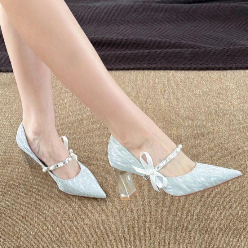 2025 temperament celebrity wedding dress two wear wedding shoes French beautiful silver bow pearl pointed thick heel high heels