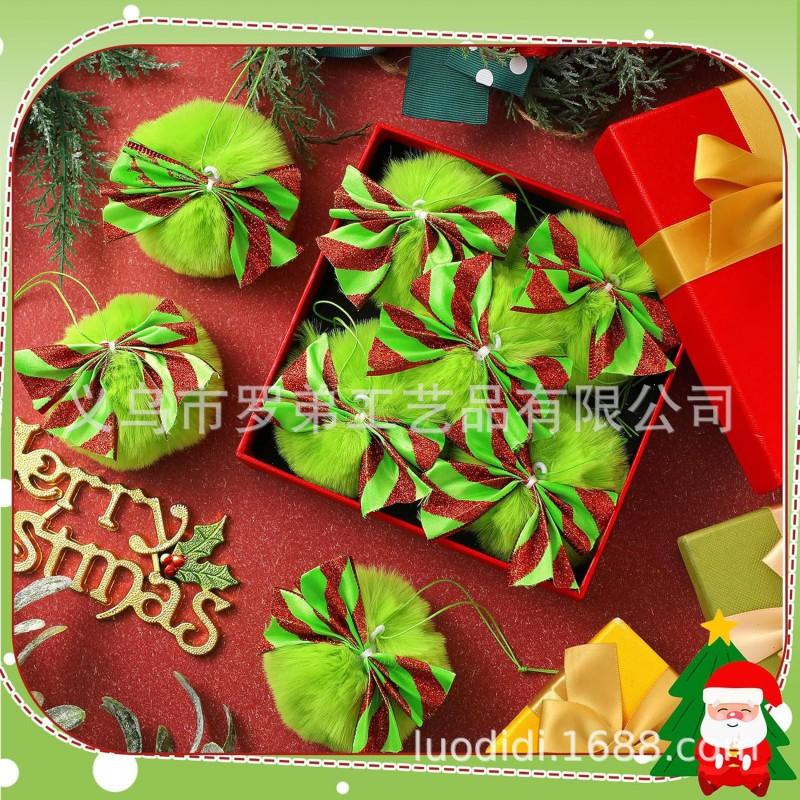 Handmade Green Pom Christmas Tree Ornament With Bowknot Decor Holiday Party Gift