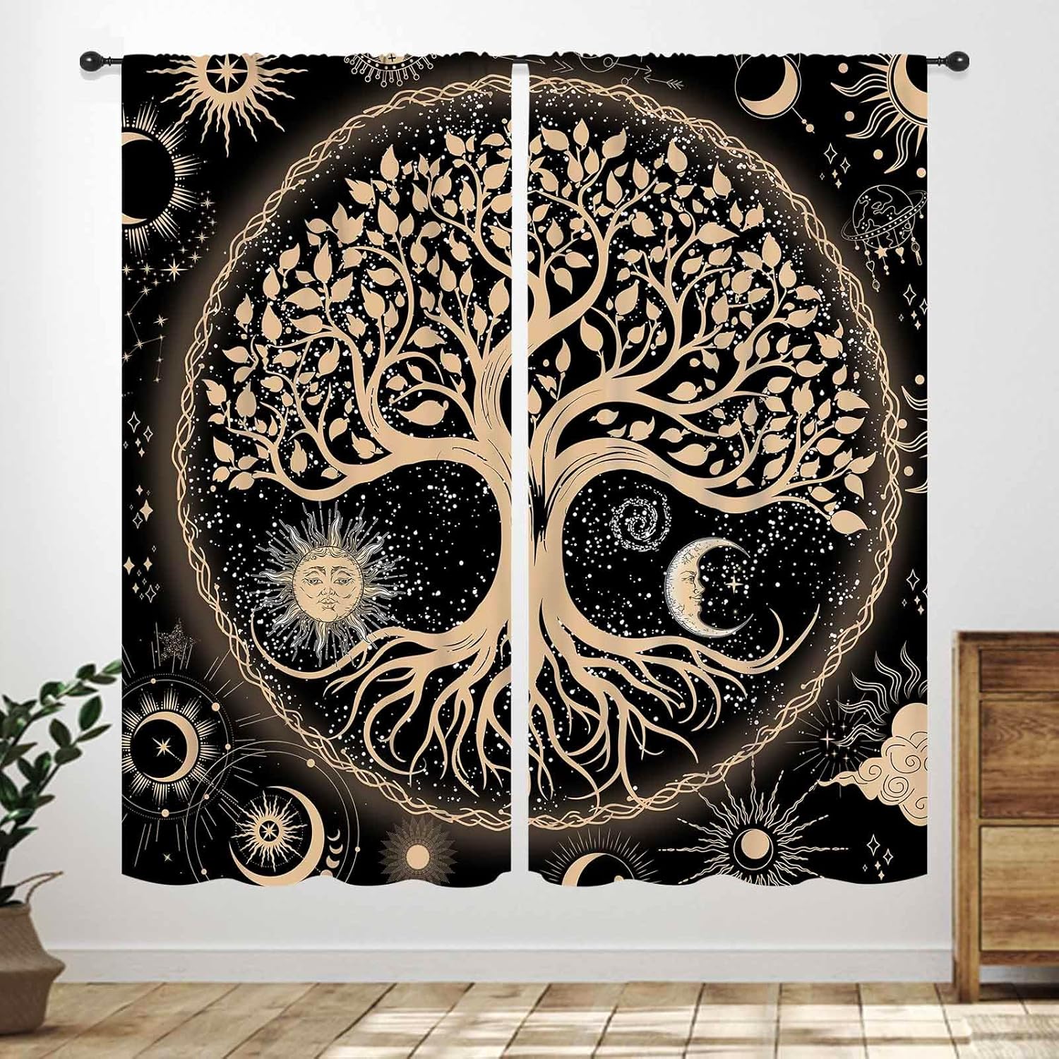 Black Cat Tarot Curtains,Moon Phases Moth Witchy Mysterious Celestial Aesthetic Gothic Astrology Tarot Card Window Treatments 60×150cm