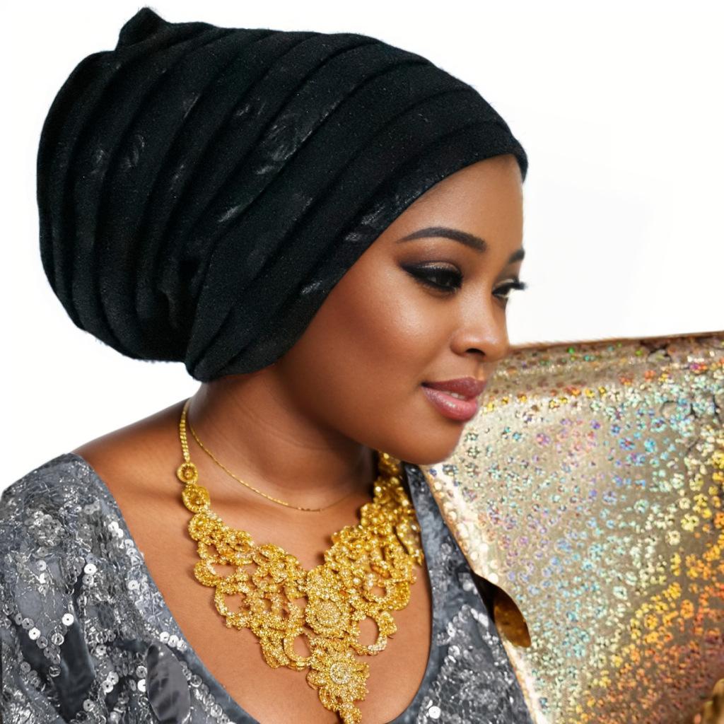 Glitter Pleated Women's Head Wraps Bonnet African Turban Cap Muslim Headscarf Bonnet Turbante mujer