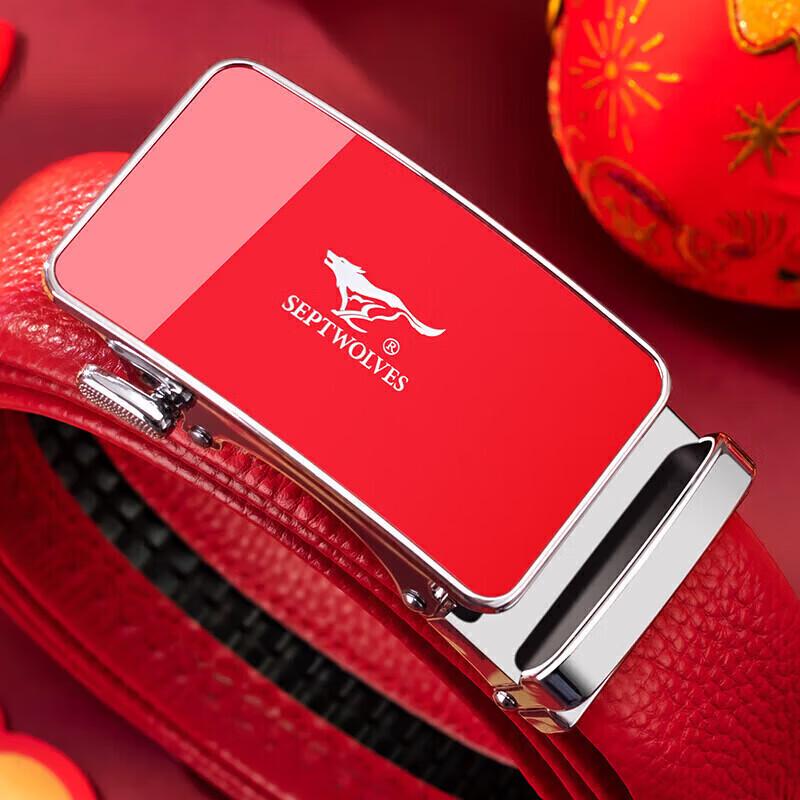 Sevenwolves Men's Red Genuine Leather Automatic Buckle Belt