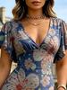 Women's Blue V Neck Maxi Dress with Floral Print Flare Sleeve Casual Party Dress for Summer