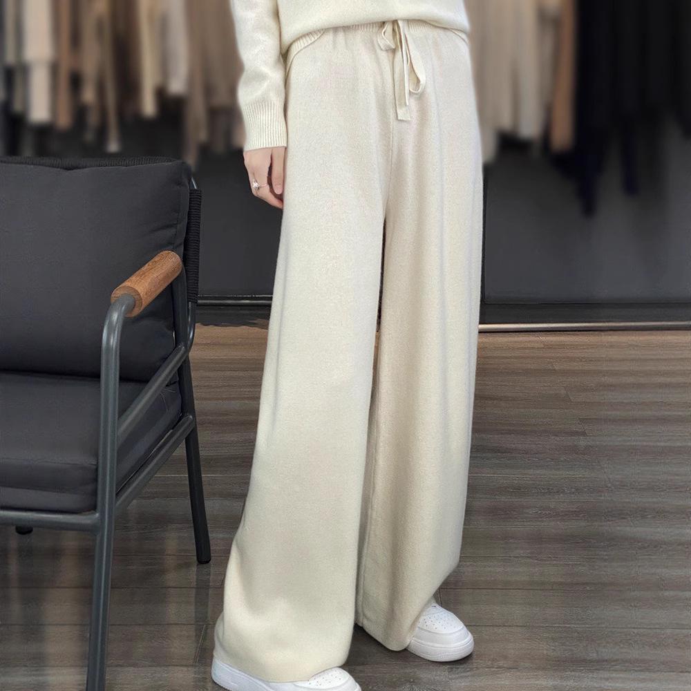 Women's 100% Pure Wool Wide Leg Knitted Pants - High Waist, Thickened, Casual, Long, Autumn/Winter Wear, Cashmere, Straight Leg.