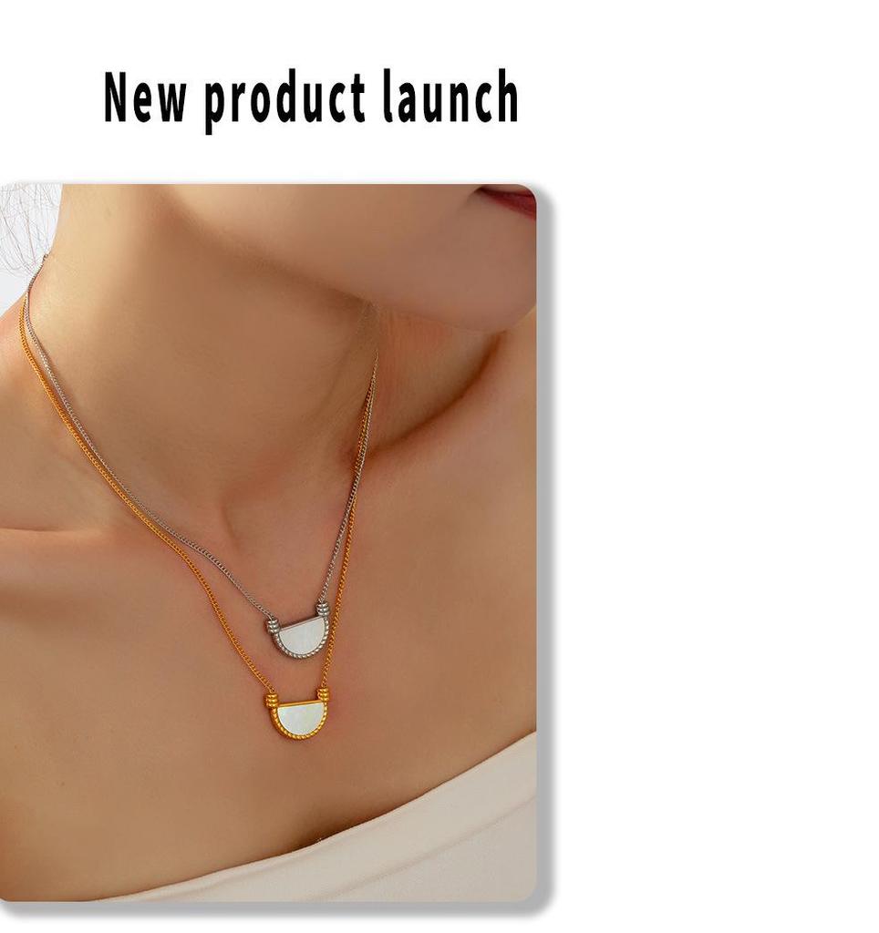 French Retro Geometric White Mother-of-Pearl Pendant Clavicle Chain Earrings In Titanium Steel and 18K Gold for Women
