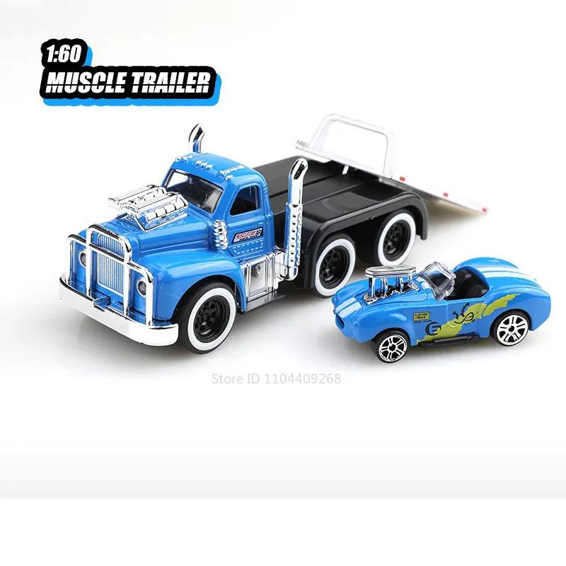 Scale 1:60 American Muscle Trailer Model Toy Car Sound Light Alloy Diecast Pull Back Flatcar Models Birthday Gifts for Kids
