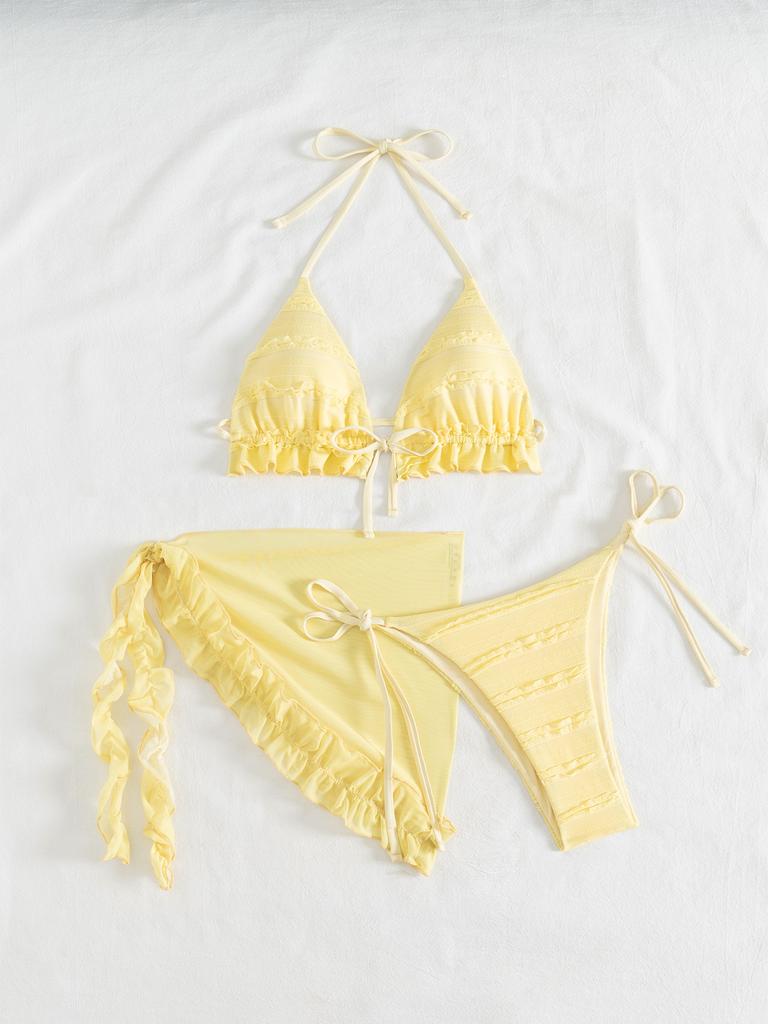 European and American yellow ruffle edge swimsuit female sexy three-piece set strap backless solid color bikini bikini swimsuit