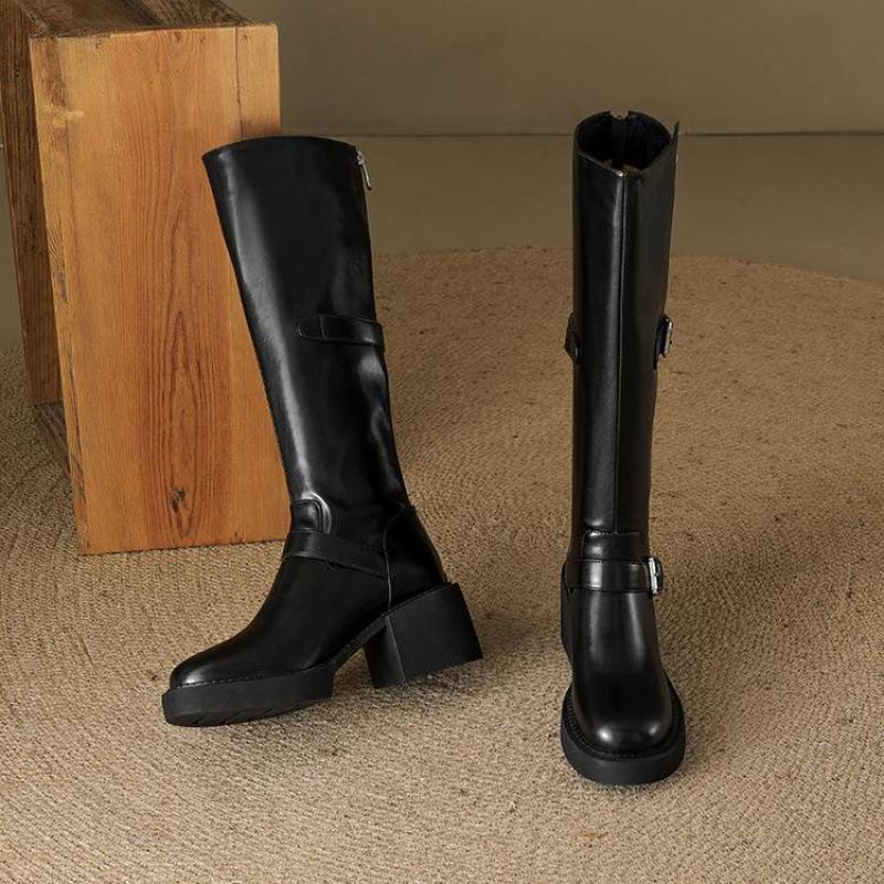 Herbst- und Winter Damen Leder Ritterstiefel einfarbig Reißverschluss hinten hoher Absatz große Größe Damenstiefel vielseitig quadratischer Absatz Rindsleder hohe Stiefel
