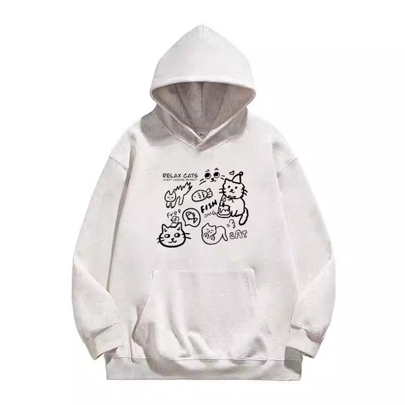 Ladies Autumn Winter Casual Hooded Long Sleeve Big Pocket Stick Figure Cat Printed Pullover Hoodies Sweatshirt Top