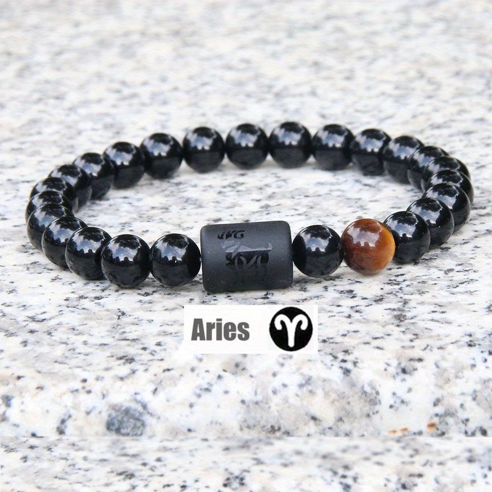 New Twelve Constellation Stretch Bracelet Male Simple Obsidian Engraved Couple Beaded Fashion Commuter Bangle Natural Stone