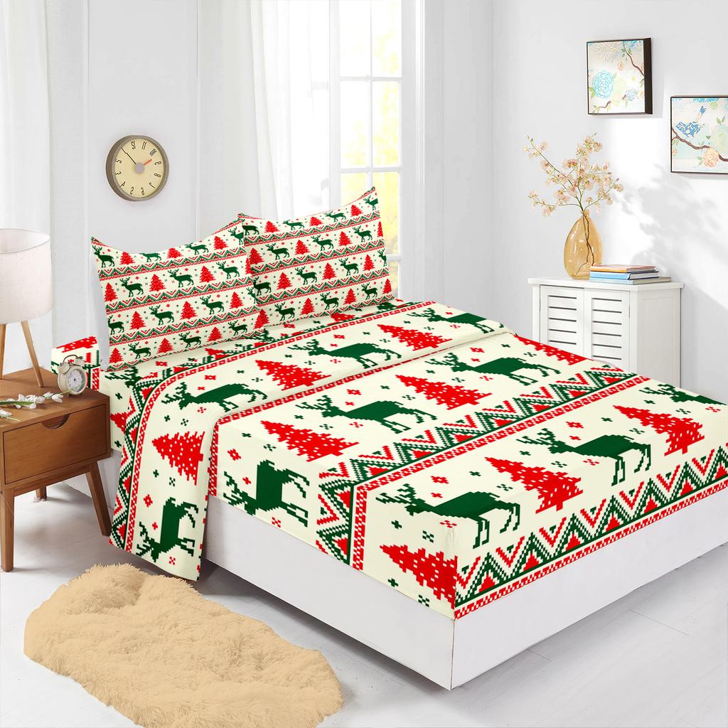 Four-Piece Mattress Set Christmas Bedding Printed Mattress Protective Cover