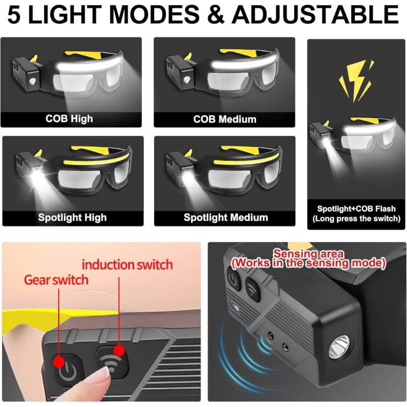 Lunettes Lampe Frontale Rechargeables Avec Capteurs de Mouvement Et Commande Tactile Pour Éclairage Mains Libres Lors d'Activités Extérieures