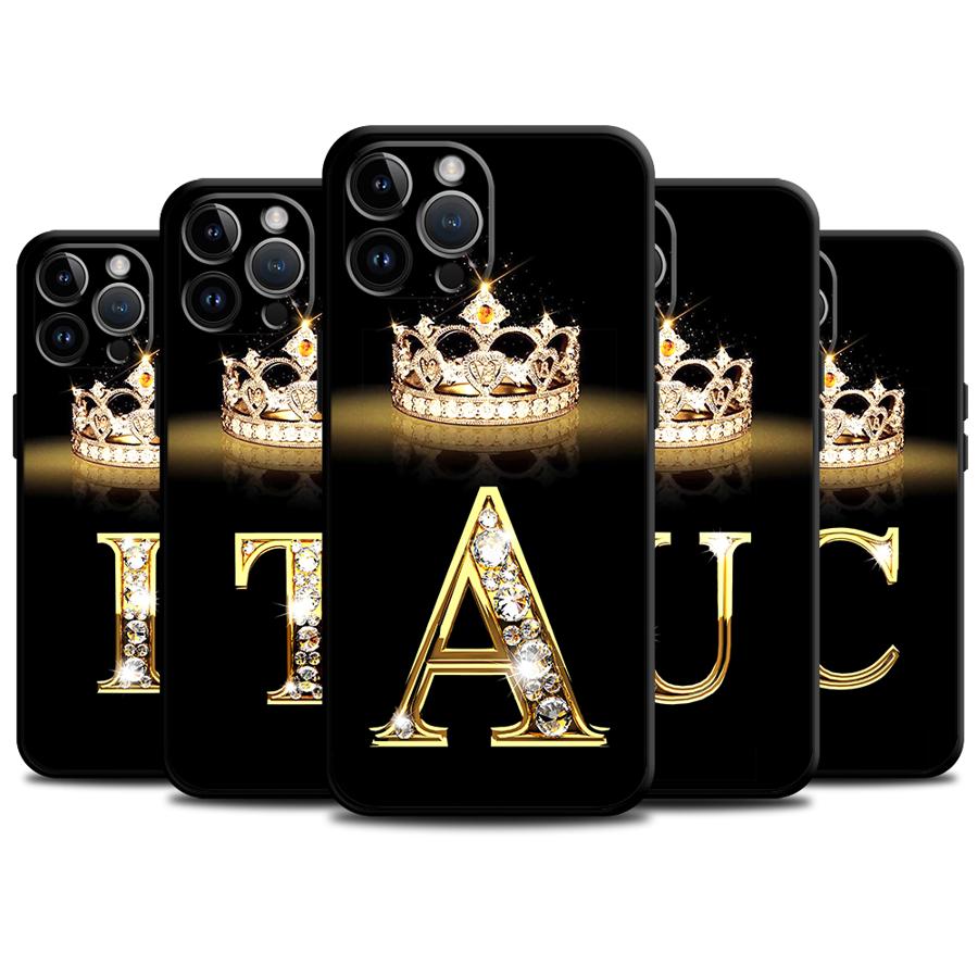 Diamond Crown Letter Capa Phone Case for iPhone 16 15 14 13 12 11 Plus 16 15 14 13 12 11 Pro Max 13 12 Mini XS Max 7 8 16e Cover