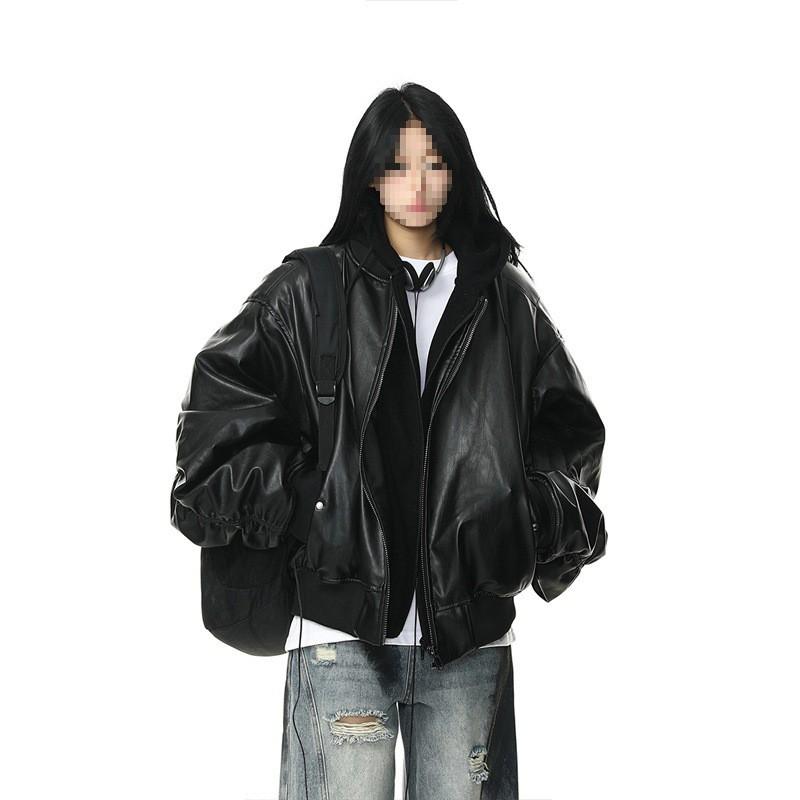 Giacca Nera Oversize in Pelle Unisex Autunno Casual Streetwear Corta Corta con Cappuccio Stile Biker